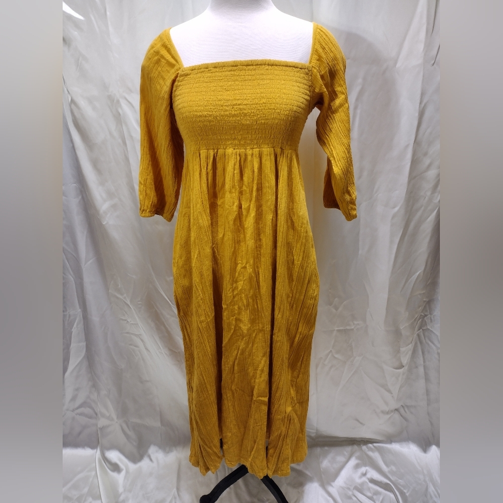 WARES by Olli Ella Mustard Organic Crinkle  Cotton Prairie Dress Pockets Small